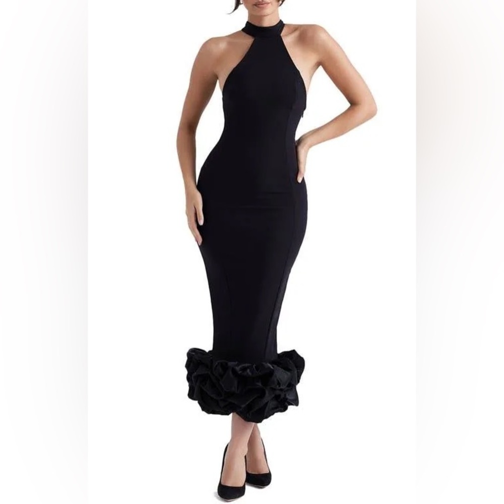 House of CB Juniper Halter Neck Ruffle Hem Crepe Cocktail Dress Black XS